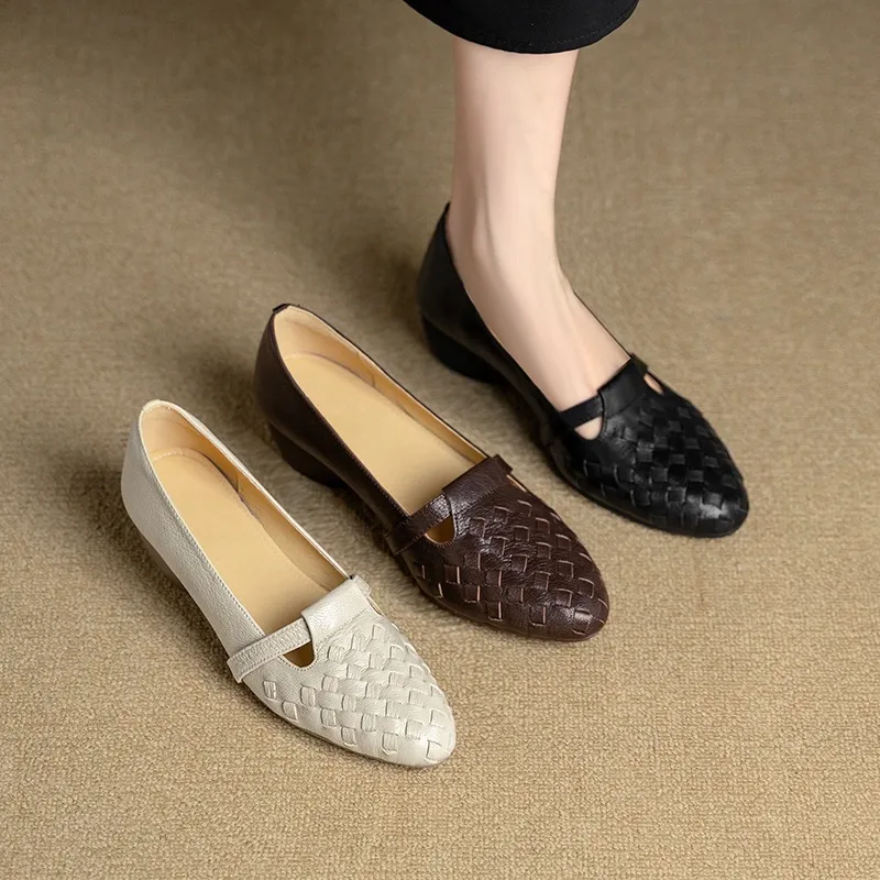 Autumn round-toe woven low-cut sheepskin wedge slip-on women's shoes