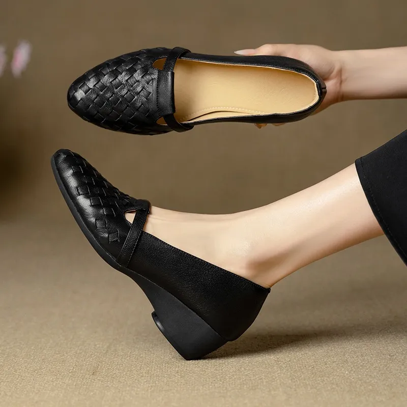 Autumn round-toe woven low-cut sheepskin wedge slip-on women's shoes