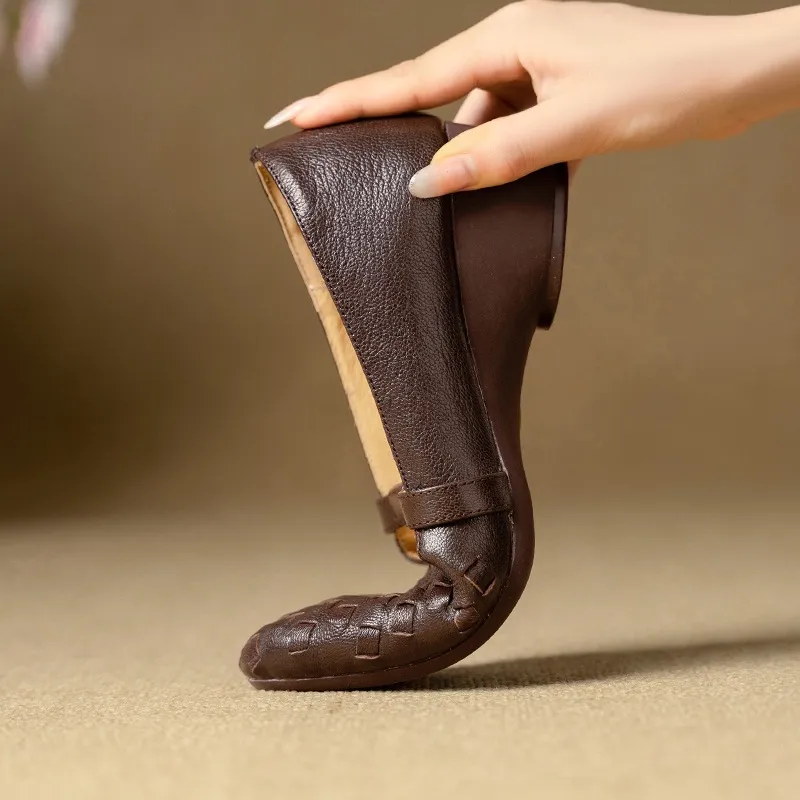 Autumn round-toe woven low-cut sheepskin wedge slip-on women's shoes