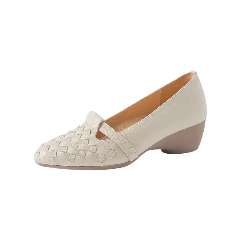Autumn round-toe woven low-cut sheepskin wedge slip-on women's shoes