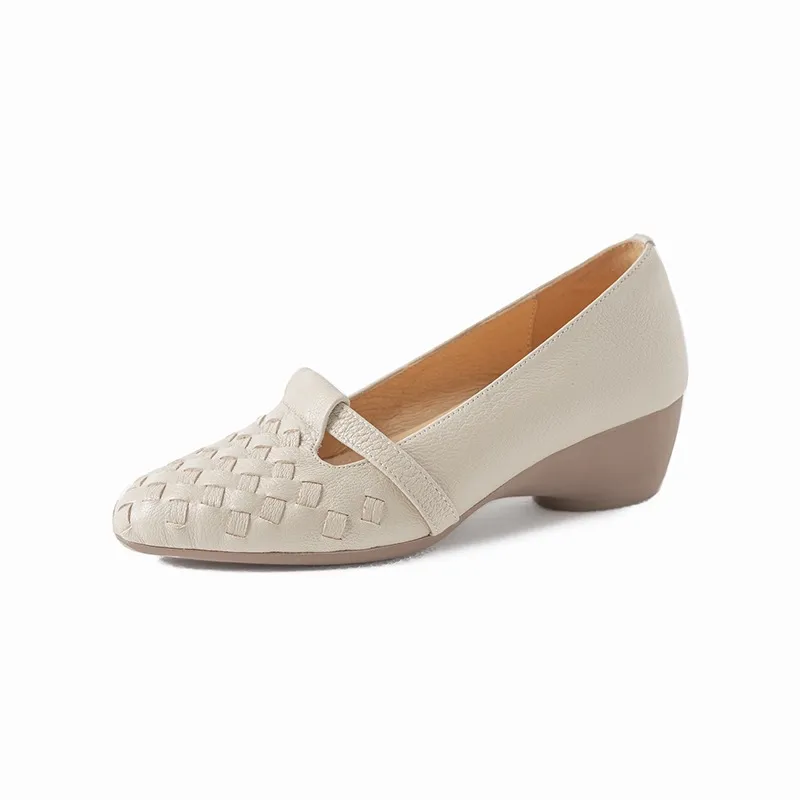 Autumn round-toe woven low-cut sheepskin wedge slip-on women's shoes