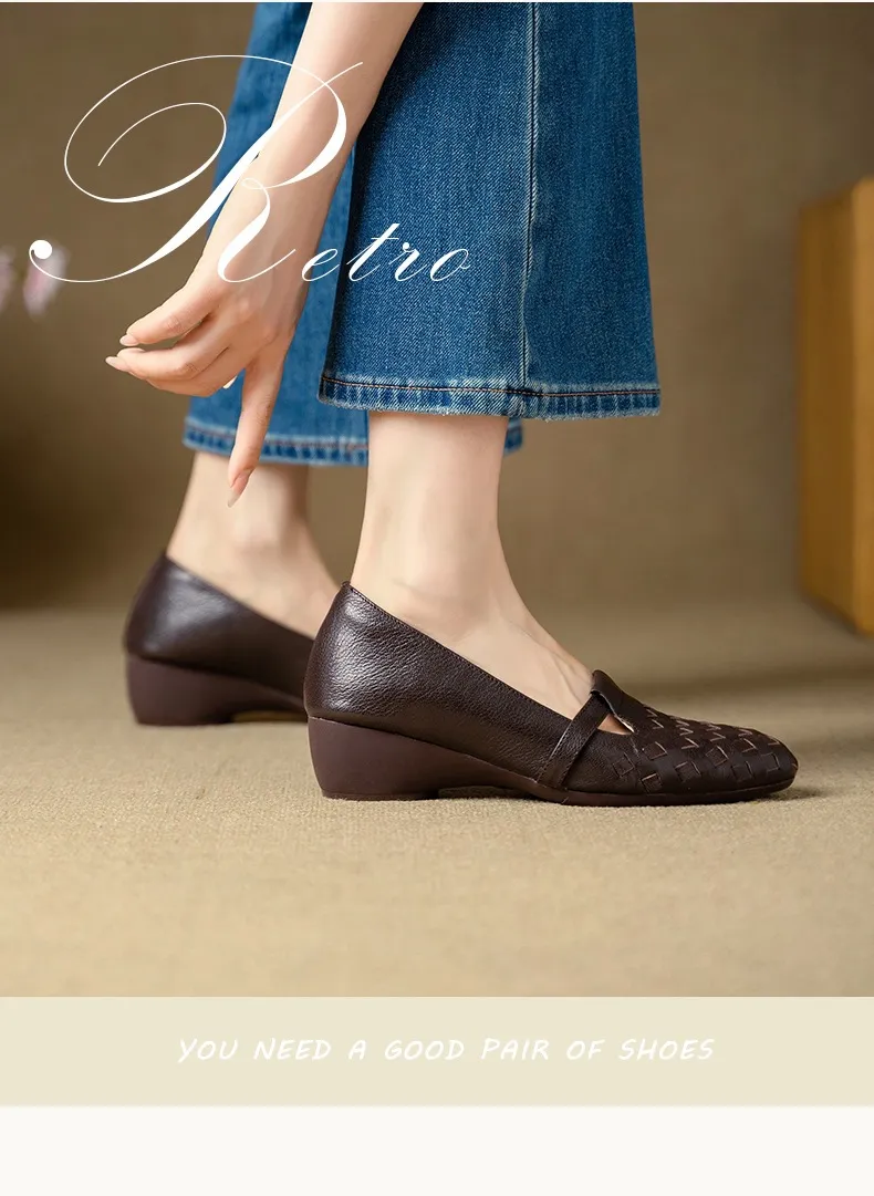 Autumn round-toe woven low-cut sheepskin wedge slip-on women's shoes