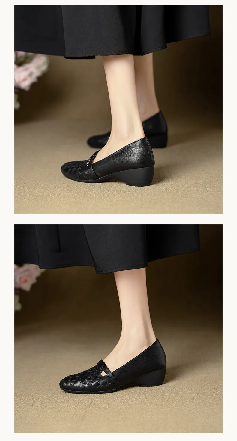 Autumn round-toe woven low-cut sheepskin wedge slip-on women's shoes