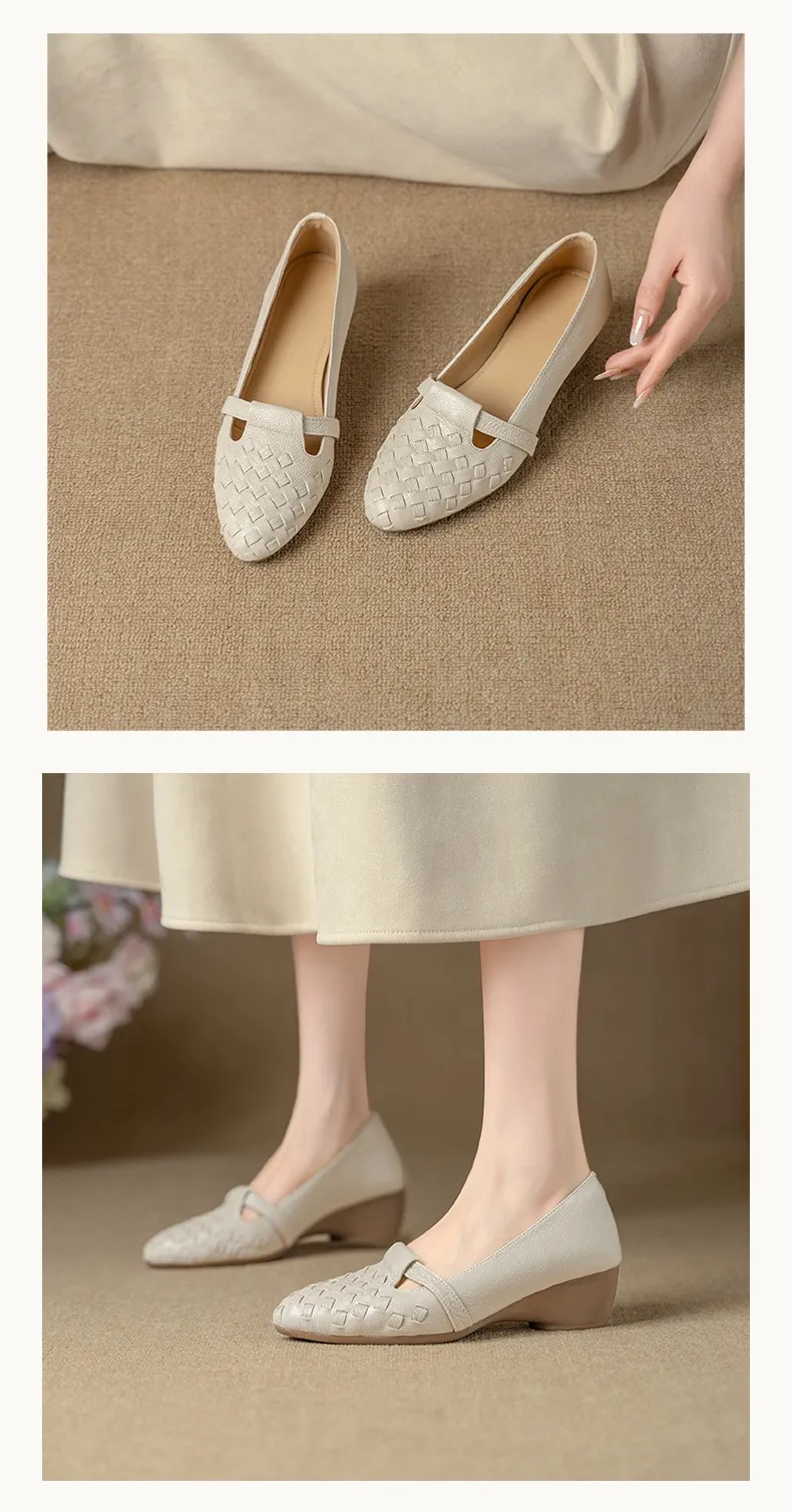 Autumn round-toe woven low-cut sheepskin wedge slip-on women's shoes