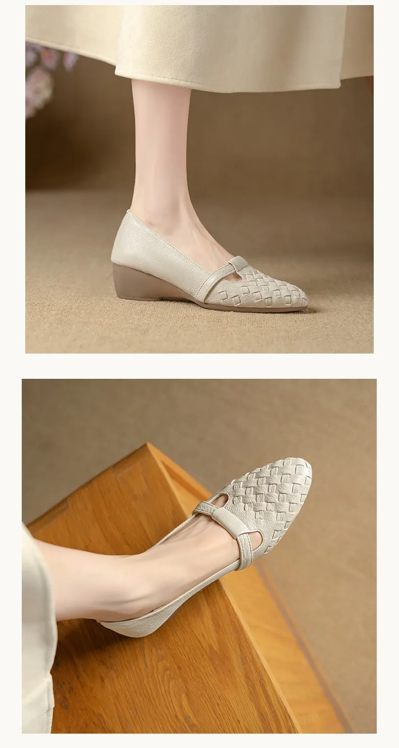 Autumn round-toe woven low-cut sheepskin wedge slip-on women's shoes