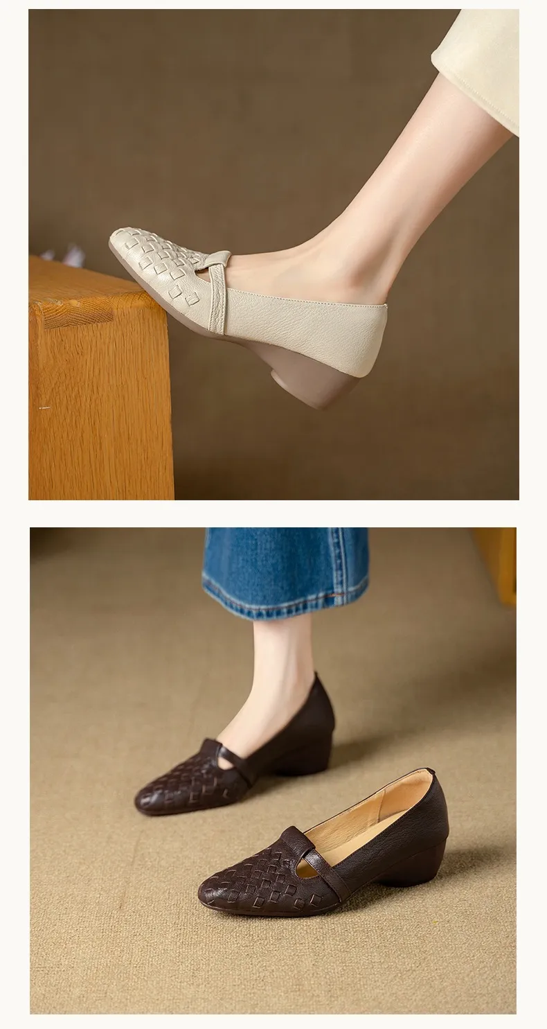 Autumn round-toe woven low-cut sheepskin wedge slip-on women's shoes