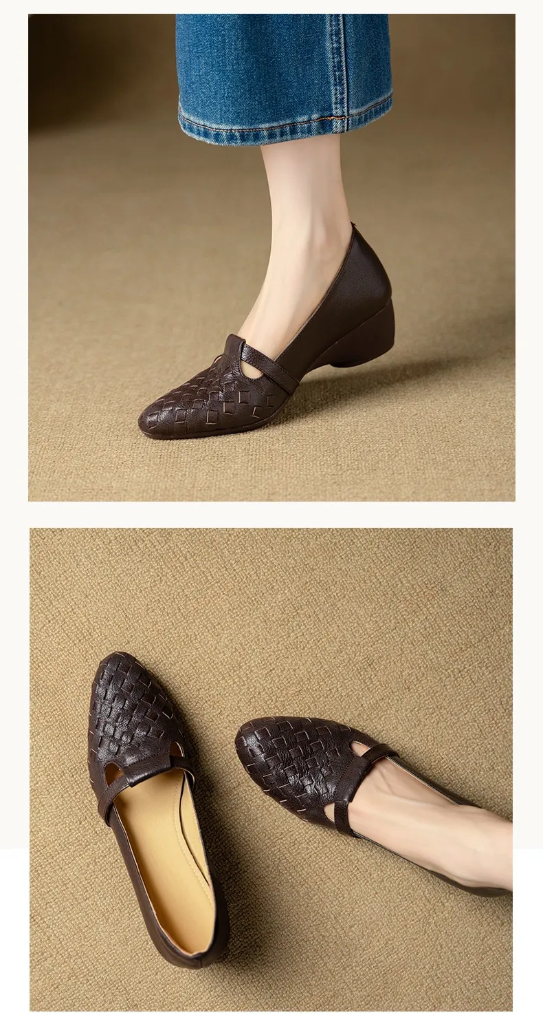Autumn round-toe woven low-cut sheepskin wedge slip-on women's shoes