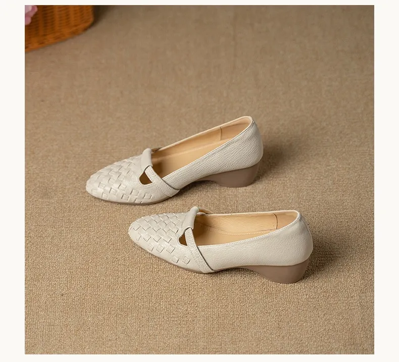 Autumn round-toe woven low-cut sheepskin wedge slip-on women's shoes