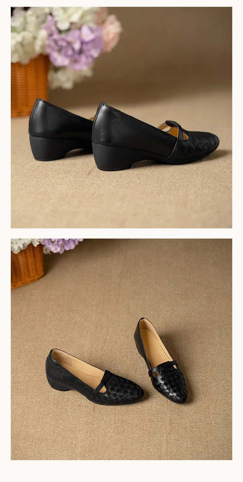 Autumn round-toe woven low-cut sheepskin wedge slip-on women's shoes