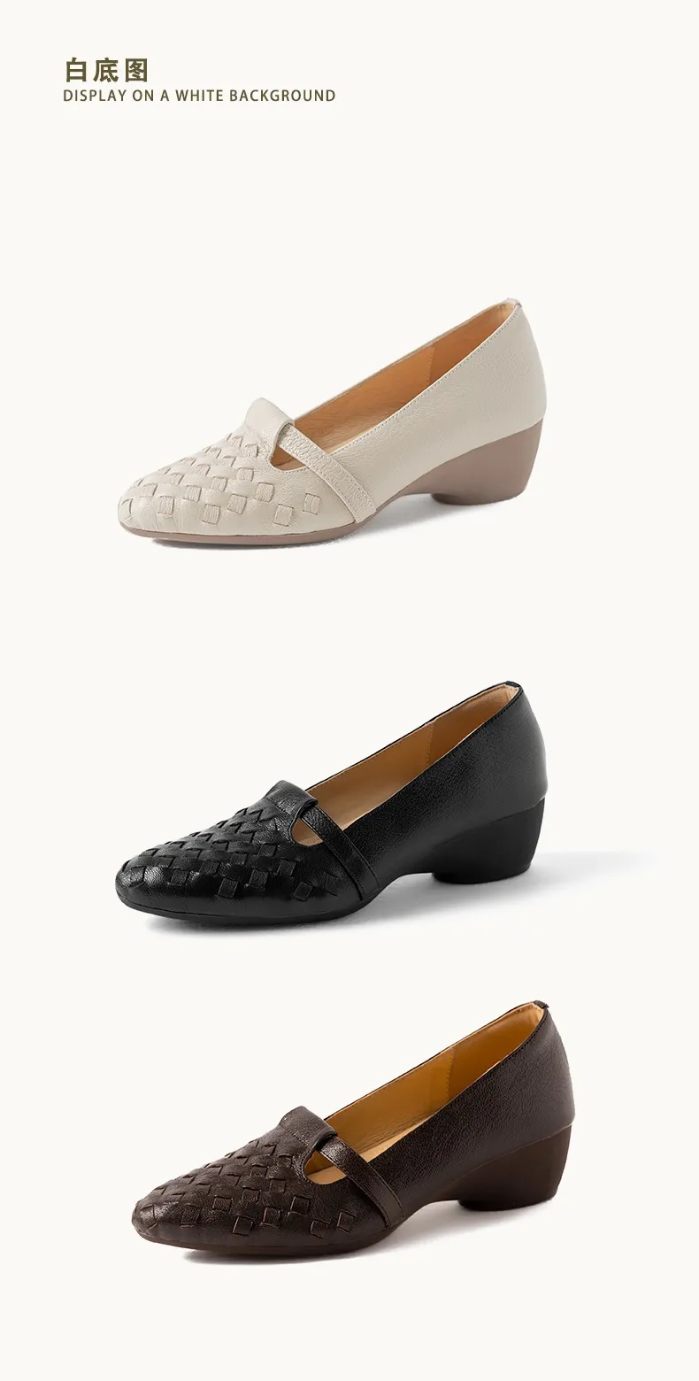 Autumn round-toe woven low-cut sheepskin wedge slip-on women's shoes