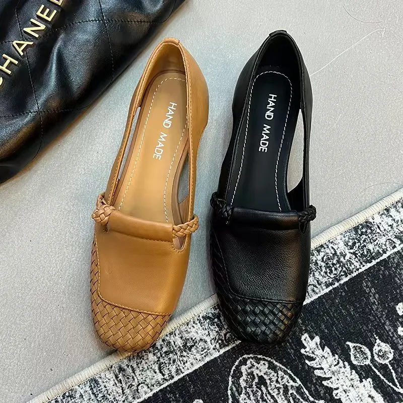 Genuine leather 3cm comfortable mid-heel square-toe woven single shoes, sheepskin chunky heel Mary Jane fashion shoes