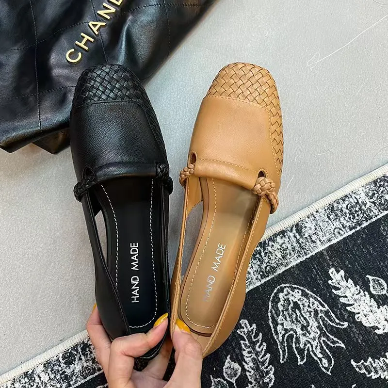 Genuine leather 3cm comfortable mid-heel square-toe woven single shoes, sheepskin chunky heel Mary Jane fashion shoes