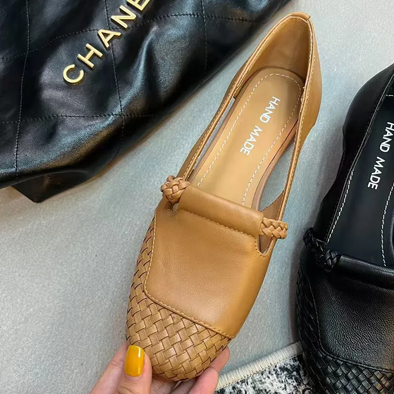Genuine leather 3cm comfortable mid-heel square-toe woven single shoes, sheepskin chunky heel Mary Jane fashion shoes
