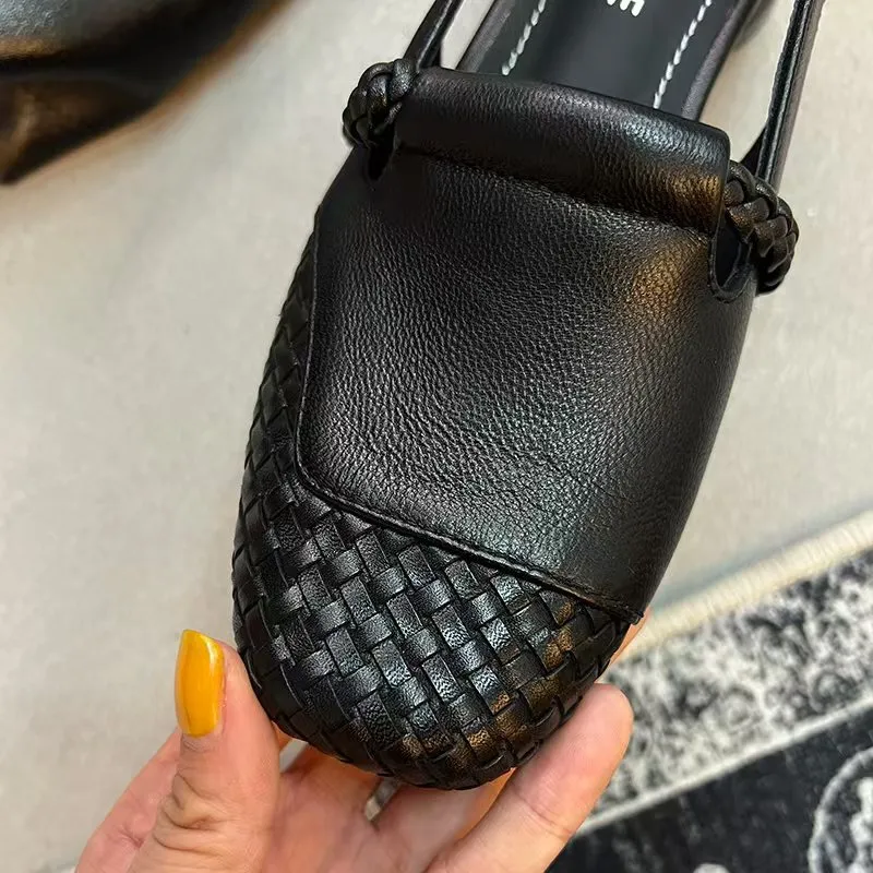 Genuine leather 3cm comfortable mid-heel square-toe woven single shoes, sheepskin chunky heel Mary Jane fashion shoes