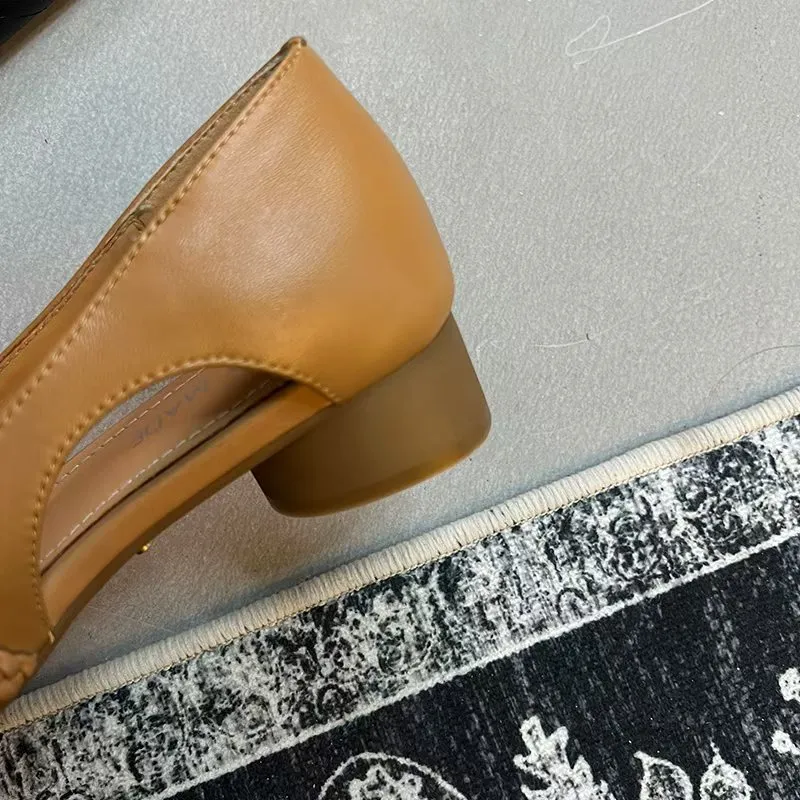 Genuine leather 3cm comfortable mid-heel square-toe woven single shoes, sheepskin chunky heel Mary Jane fashion shoes