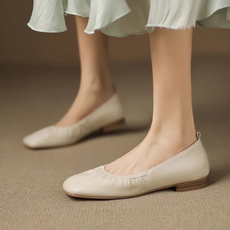 Square-toe flat heel sheepskin single shoes, off-white, black, silver women's shoes, 6-28c