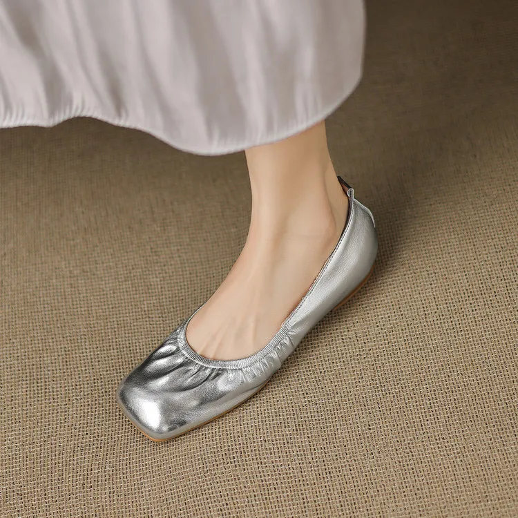 Square-toe flat heel sheepskin single shoes, off-white, black, silver women's shoes, 6-28c