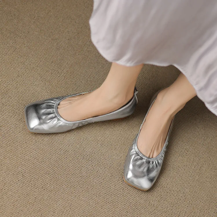 Square-toe flat heel sheepskin single shoes, off-white, black, silver women's shoes, 6-28c