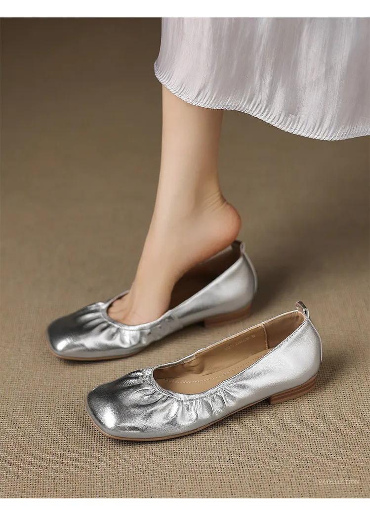 Square-toe flat heel sheepskin single shoes, off-white, black, silver women's shoes, 6-28c