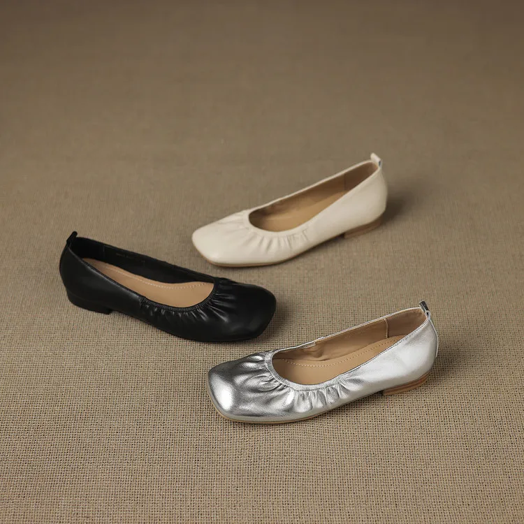 Square-toe flat heel sheepskin single shoes, off-white, black, silver women's shoes, 6-28c