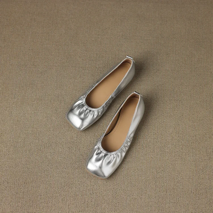 Square-toe flat heel sheepskin single shoes, off-white, black, silver women's shoes, 6-28c