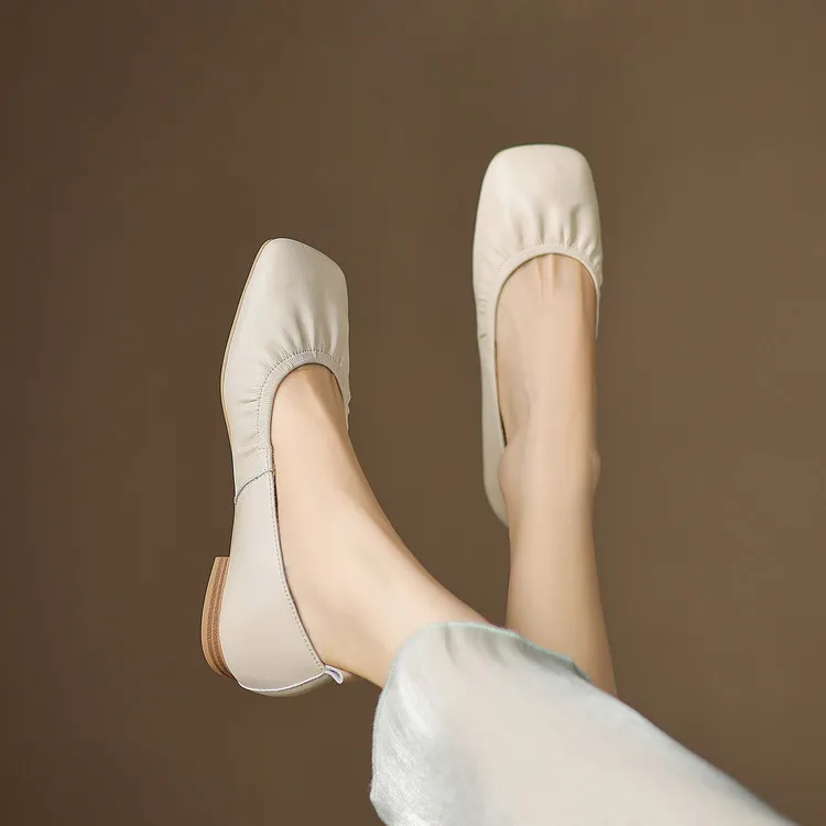 Square-toe flat heel sheepskin single shoes, off-white, black, silver women's shoes, 6-28c