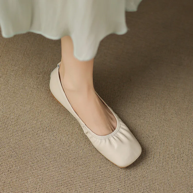 Square-toe flat heel sheepskin single shoes, off-white, black, silver women's shoes, 6-28c