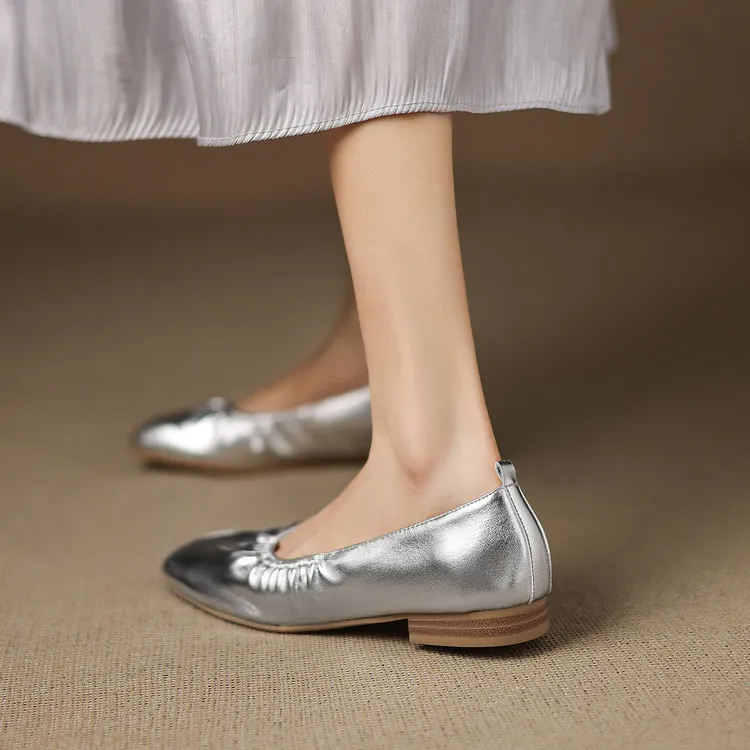 Square-toe flat heel sheepskin single shoes, off-white, black, silver women's shoes, 6-28c