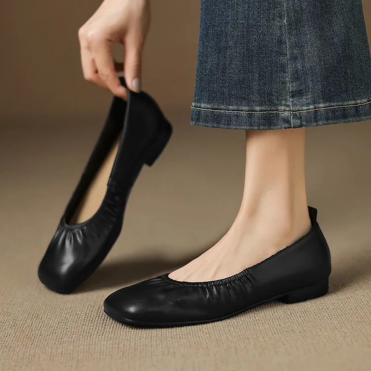 Square-toe flat heel sheepskin single shoes, off-white, black, silver women's shoes, 6-28c