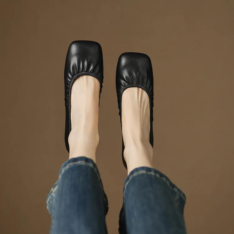 Square-toe flat heel sheepskin single shoes, off-white, black, silver women's shoes, 6-28c