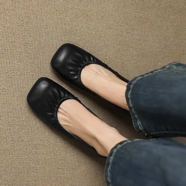 Square-toe flat heel sheepskin single shoes, off-white, black, silver women's shoes, 6-28c