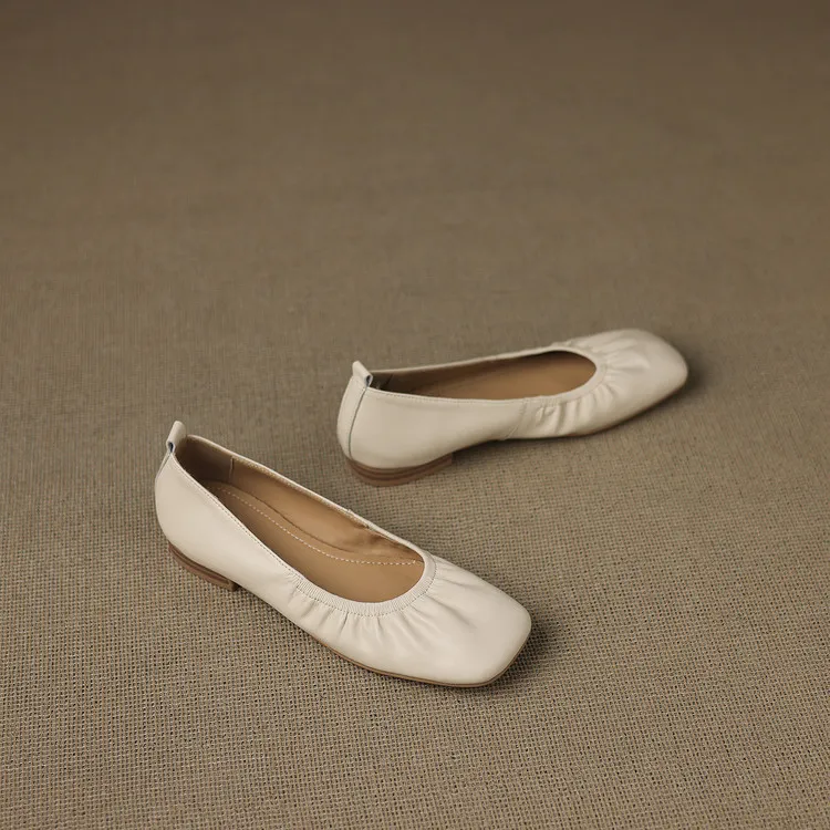 Square-toe flat heel sheepskin single shoes, off-white, black, silver women's shoes, 6-28c