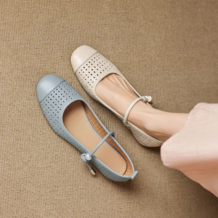 Round-toe flat shoes, hollowed-out sheepskin, blue and off-white fashion women's shoes, 6-28a
