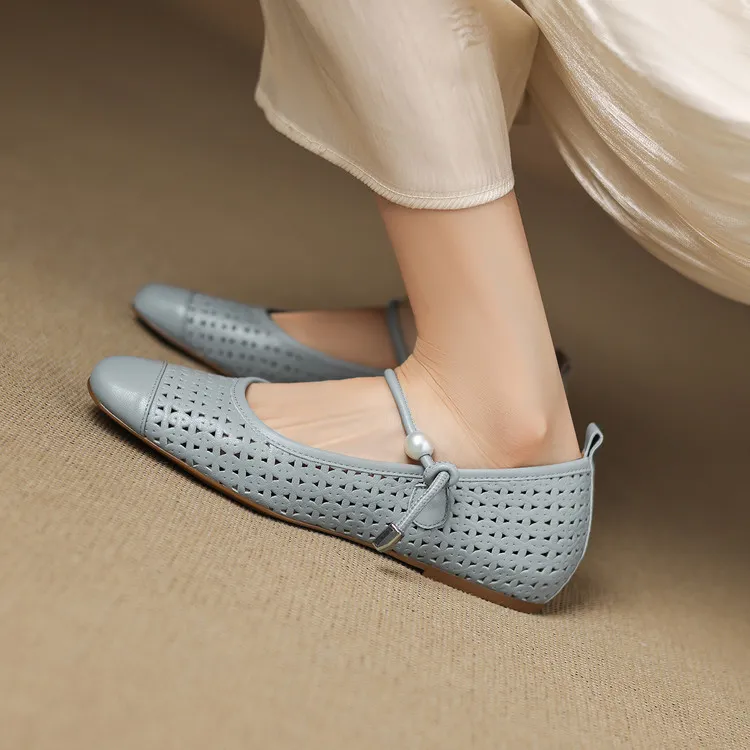 Round-toe flat shoes, hollowed-out sheepskin, blue and off-white fashion women's shoes, 6-28a