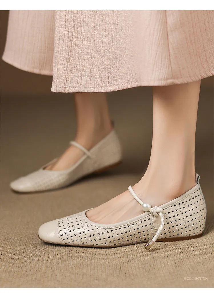 Round-toe flat shoes, hollowed-out sheepskin, blue and off-white fashion women's shoes, 6-28a