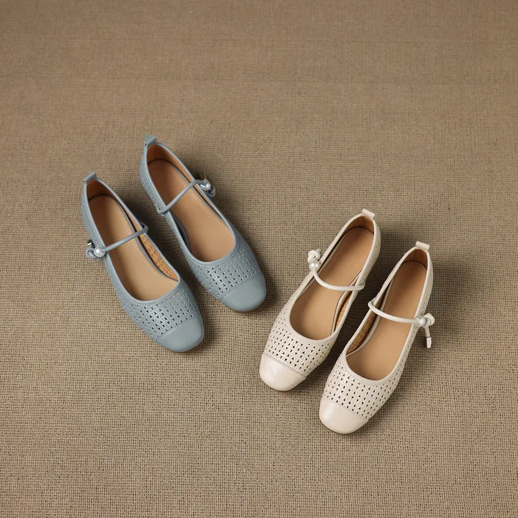 Round-toe flat shoes, hollowed-out sheepskin, blue and off-white fashion women's shoes, 6-28a