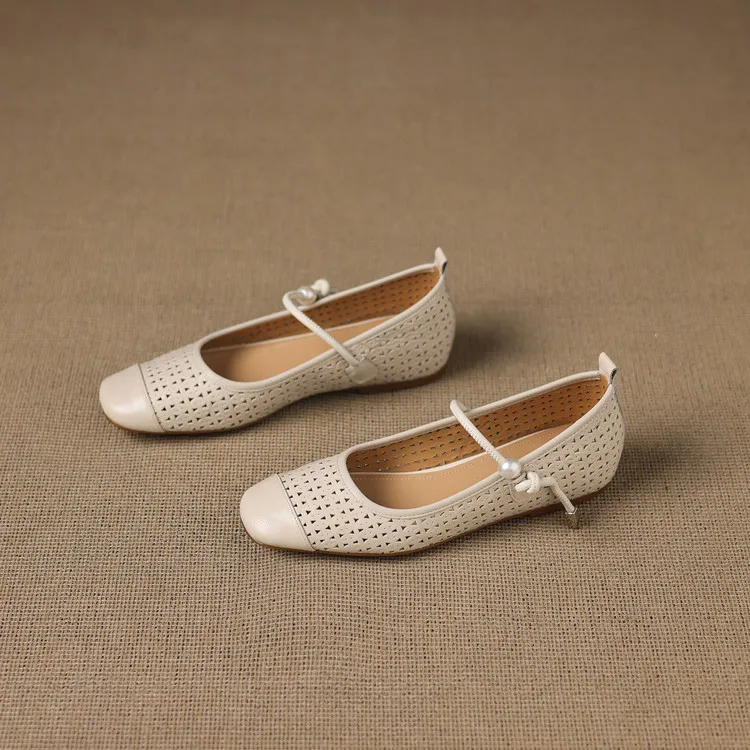 Round-toe flat shoes, hollowed-out sheepskin, blue and off-white fashion women's shoes, 6-28a