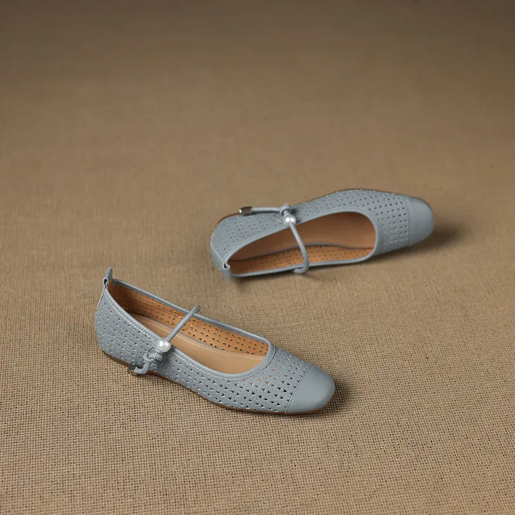 Round-toe flat shoes, hollowed-out sheepskin, blue and off-white fashion women's shoes, 6-28a
