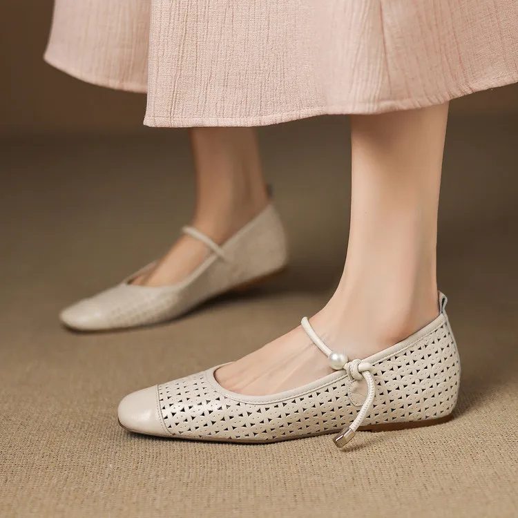 Round-toe flat shoes, hollowed-out sheepskin, blue and off-white fashion women's shoes, 6-28a