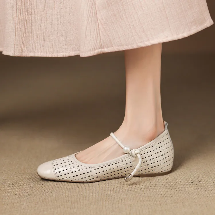 Round-toe flat shoes, hollowed-out sheepskin, blue and off-white fashion women's shoes, 6-28a