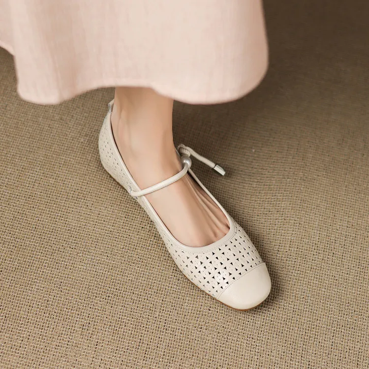 Round-toe flat shoes, hollowed-out sheepskin, blue and off-white fashion women's shoes, 6-28a