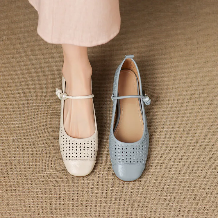 Round-toe flat shoes, hollowed-out sheepskin, blue and off-white fashion women's shoes, 6-28a