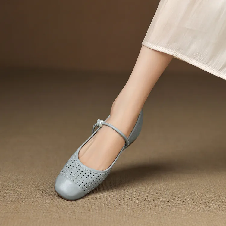 Round-toe flat shoes, hollowed-out sheepskin, blue and off-white fashion women's shoes, 6-28a
