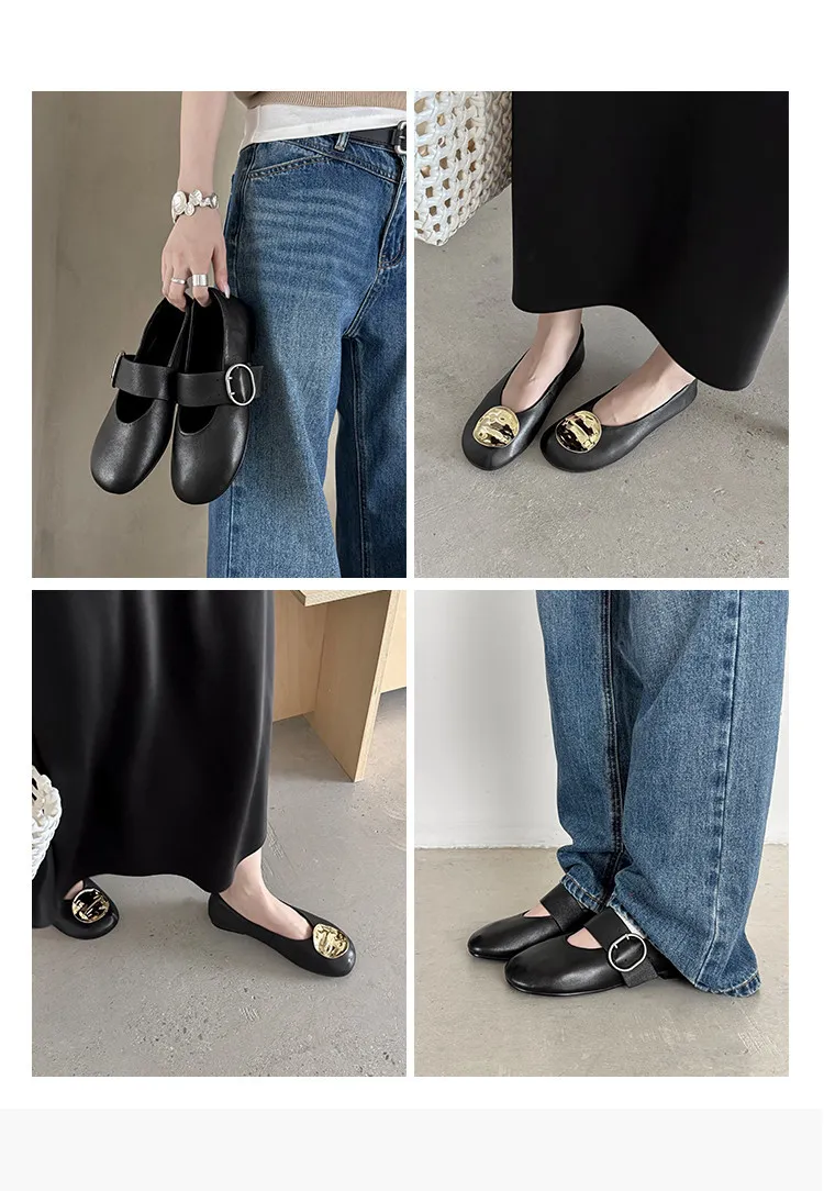 Round-toe flat shoes, sheepskin, comfortable, flat, grandma shoes, women's, black, rubber sole.