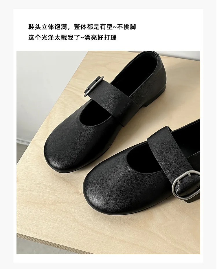 Round-toe flat shoes, sheepskin, comfortable, flat, grandma shoes, women's, black, rubber sole.