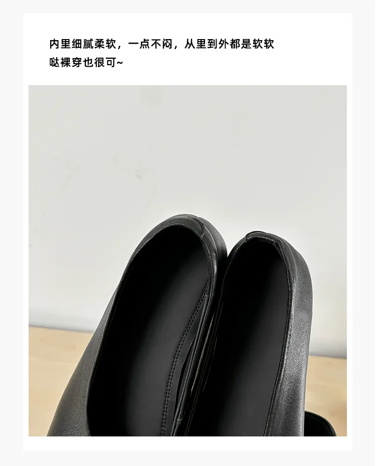 Round-toe flat shoes, sheepskin, comfortable, flat, grandma shoes, women's, black, rubber sole.