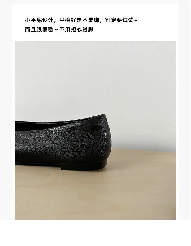 Round-toe flat shoes, sheepskin, comfortable, flat, grandma shoes, women's, black, rubber sole.