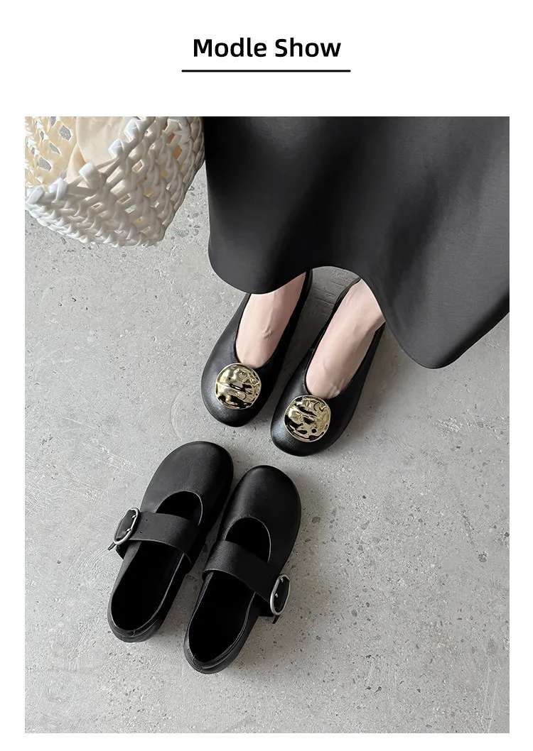 Round-toe flat shoes, sheepskin, comfortable, flat, grandma shoes, women's, black, rubber sole.