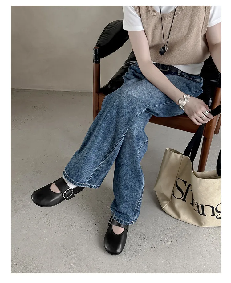 Round-toe flat shoes, sheepskin, comfortable, flat, grandma shoes, women's, black, rubber sole.