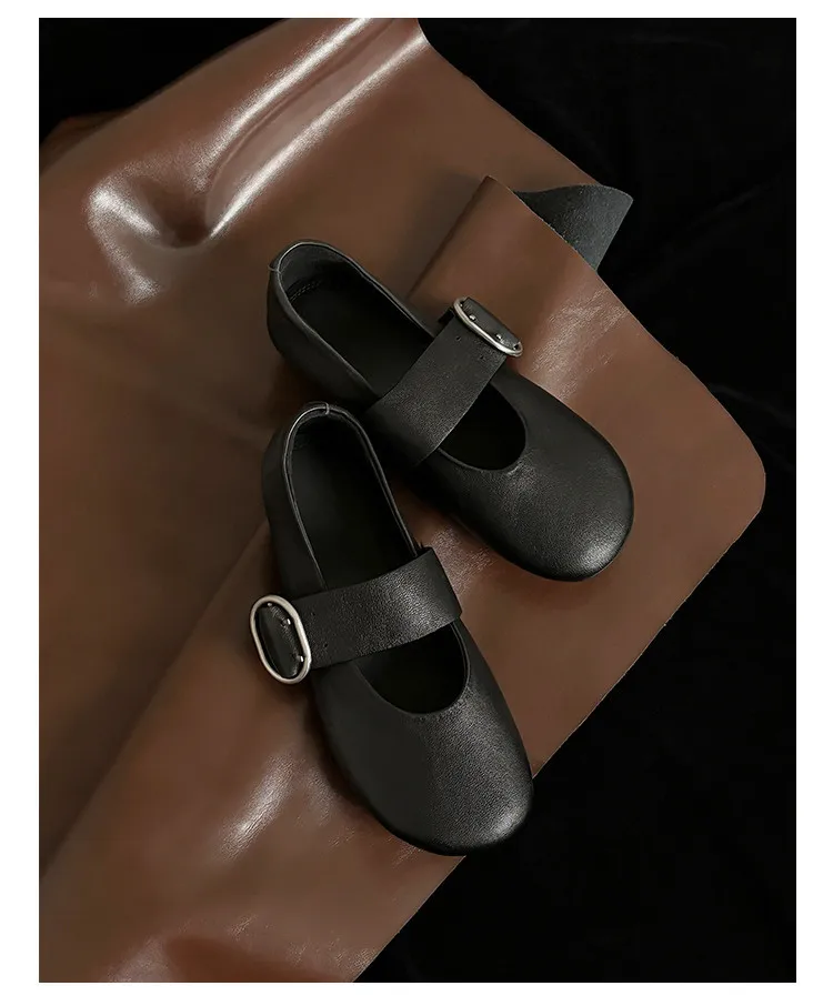 Round-toe flat shoes, sheepskin, comfortable, flat, grandma shoes, women's, black, rubber sole.